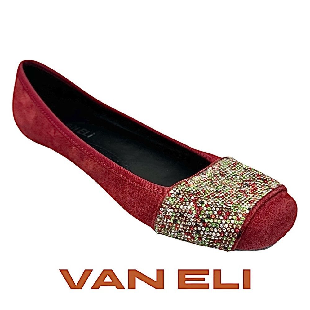 VAN ELI Red Shoes Suede Multi Color Rhinestone Flats-Size 9.5 M Square Toe